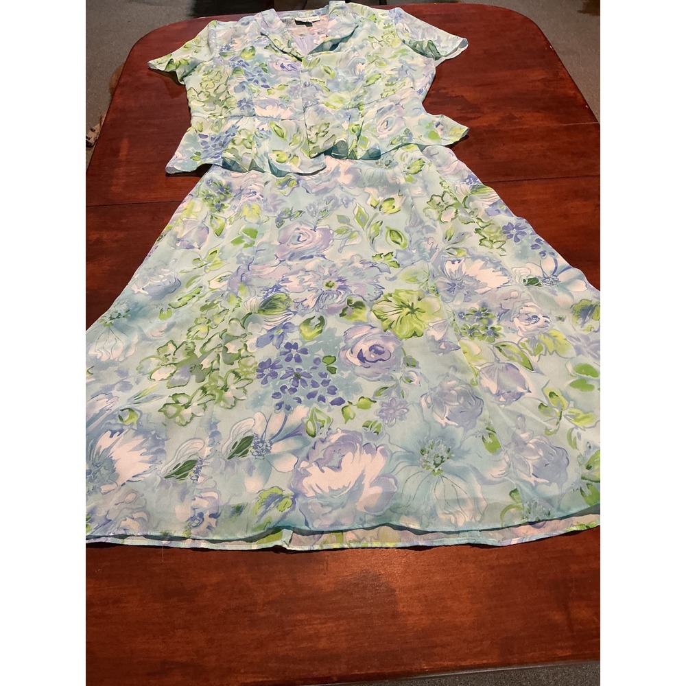 Danny & Nicole Blue Floral 2 Piece Dress Set Jacket Sleeveless Midi Size 18